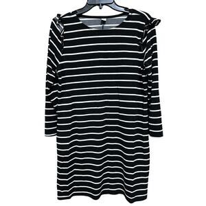 Black White Striped Dress Women Medium Long Sleeve Ruffle Shoulder Minimalist